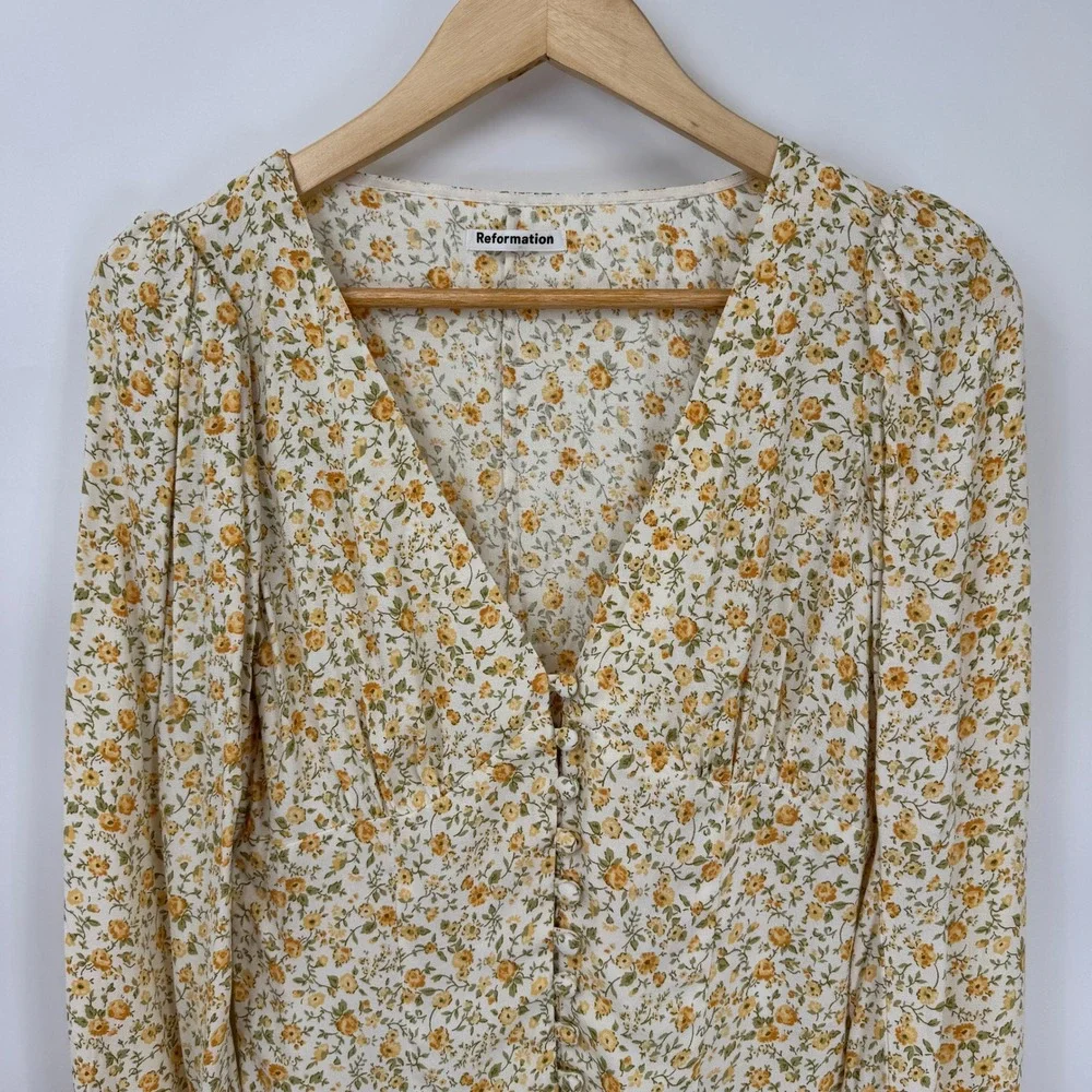 Reformation Floral Long Sleeve Button Front Top White Yellow Small Country NWT